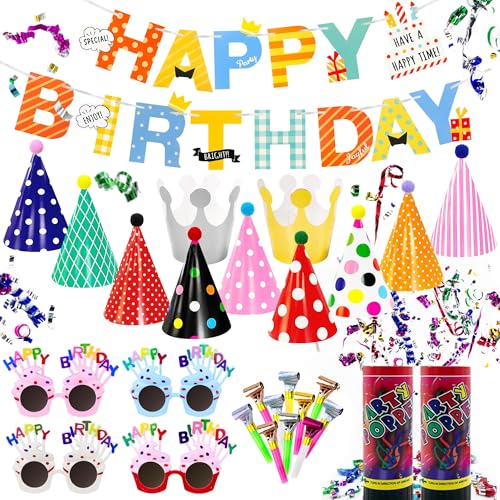 28 PCS Birthday Party Hats Set with Confetti Poppers Cannons Happy Birthday Banner Hats Glasses Blow Outs for Festive Decor