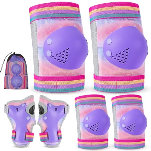 Knee Pads for Kids, Toddler Knee Pads and Elbow Pads Set Wrist Guards for Girls 3-12 Years, Adjustable Kids Protective Gear Set for Roller Skating Cycling Skateboard Scooter,Pink Purple,3-8 Years