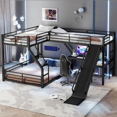 Metal Twin XL Over Queen Bunk Beds with Twin Loft Beds, Heavy Duty Triple Bunk Bed Frame with Slide and Desk,L-Shaped Triple Bunk Beds with Charging Station for 3 Kids,Black