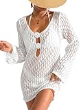 SEAUR Traje de baño de manga larga para mujer, vestido de playa de malla transparente de ganchillo, sexy, bohemio, para vacaciones, piscina, fiesta, complejo turístico, blanco, XL