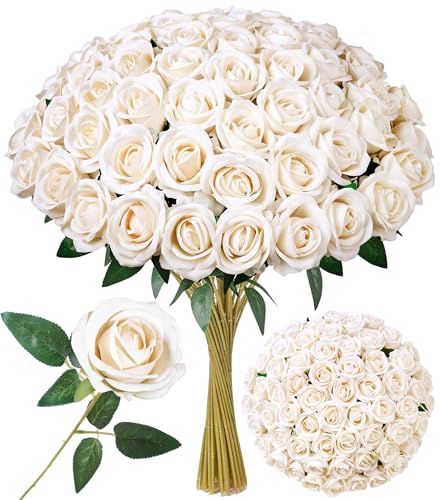 Image of INSPRING 50 PCS Champagne Roses Artificial Flowers with Long Stems | Real Looking, Fake Roses, Silk Flowers, DIY Bouquet, Wedding Party Celebration Home Bridal Decoration Gift, for Her Wife