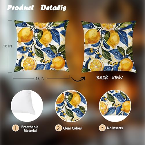 Image of Boho Summer Lemon Pillow Cover 18x18 Double-Sided,Italian Lemon Home Decor,Cottagecore Blue and Yellow Fruit Botanical Decorative Lumber Throw Pillow Cover for Home Bedroom Living Room