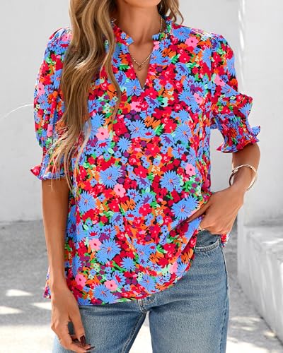 BTFBM Summer Blouses for Women Dressy Casual 2025 Spring Floral Boho Shirts V Neck Puff Short Sleeve Business Work Tops2