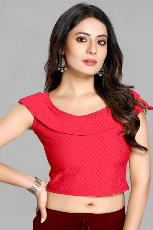 Image of Cotton Lycra Stretchable Off Sholder Short Sleeves Saree Blouse Readymade Crop Top Choli for Girls and Womens