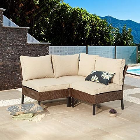 Festival Depot 3 Pieces Patio Conversation Set Sectional Corner Sofa Combination Outdoor All-Weather Wicker Metal Armless Chairs with Seating Back Cushions Garden Deck Poolside Cover