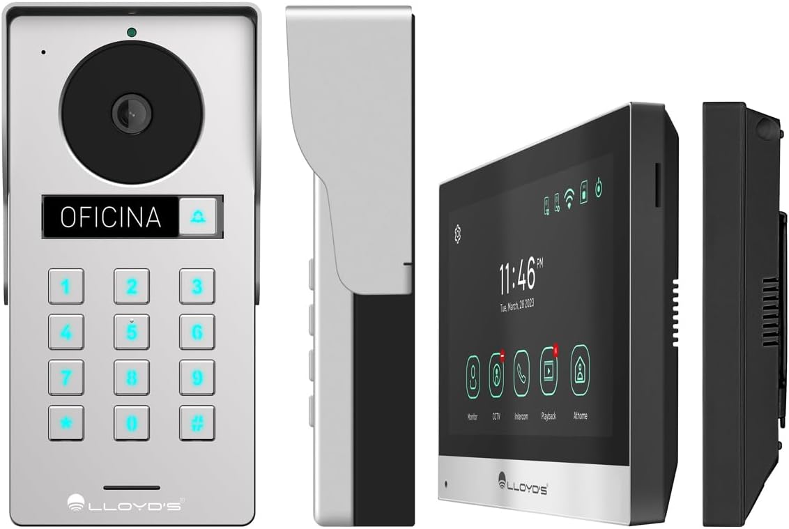 Sisi dan depan views of the outdoor unit and monitor, highlighting their design.