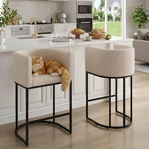 Image of HNY Modern Counter Height Linen Fabric Cream Upholstered Counter Stools Set of 2, 29 Inch Kitchen Island Stool with Black Tubular Frame
