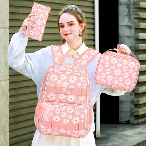 AGSDON 3PCS Daisy Girls Backpack, 17 Inch Laptop School Bookbag Teen College Water Resistant Kids Backpacks with Lunch Box Set - Pink3