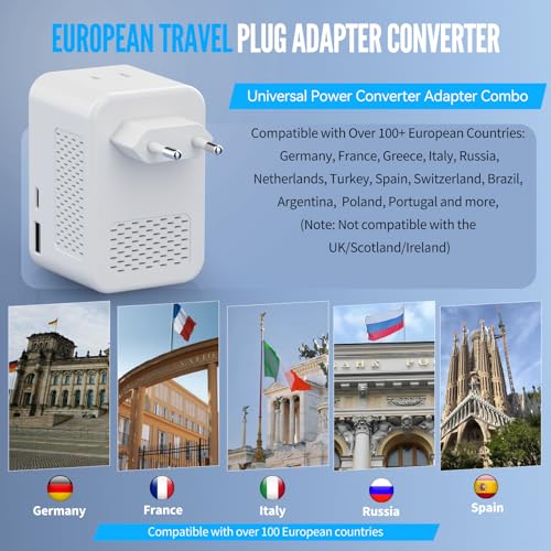 220V to 110V Voltage Converter US to Europe Travel, Adapter Plug Converter for European Travel with 20W PD & 2 USB-A & 2 USB-C Port, European Power Converter Combo USA to Spain Italy France (White)​3
