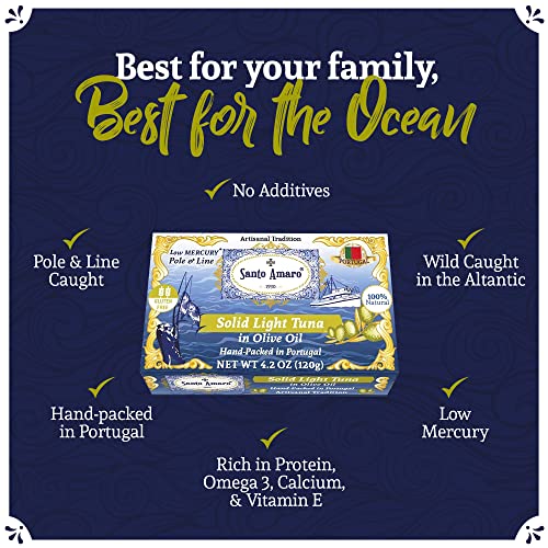 Image of Santo Amaro - Artisanal Wild Tuna Fillets in Virgin Olive Oil, Hand-Packed Canned Tuna from Portugal, Atlantic Natural Tuna, Pole & Line Skipjack Tuna Canned, Low Mercury, 22g Protein Keto, Pack of 3