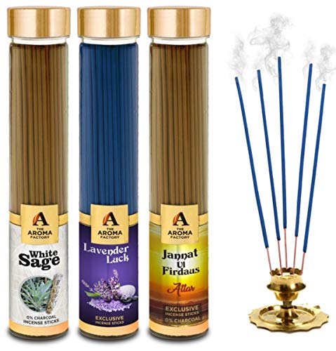Image of The Aroma Factory White Sage,Lavender & Attar Jannat Ulfirdaus Agarbatti for Pooja,Luxury Incense Sticks,100% Herbal Fragrance (Bottle Pack of 3x100g)