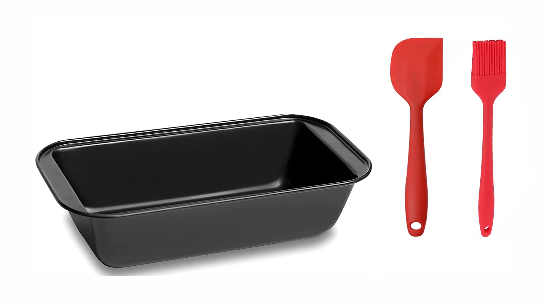 FIRST TRY Bread Loaf Cake Baking Pan 8.5 x 4.5 Inch Black Carbon Steel Non Stick Loaf Baking Mold Bakeware for Meal Preparation with 1 Silicone Brush-Spatula (1 Set)