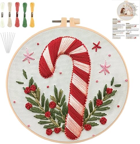 Image of YOUDRN Christmas Embroidery Kits,Candy Canes Embroidery Kits for Adults,Christmas Embroidery Kit for Beginners with Pattern,Cotton Threads,Needles,Instruction,20cm Hoop(Candy Canes)