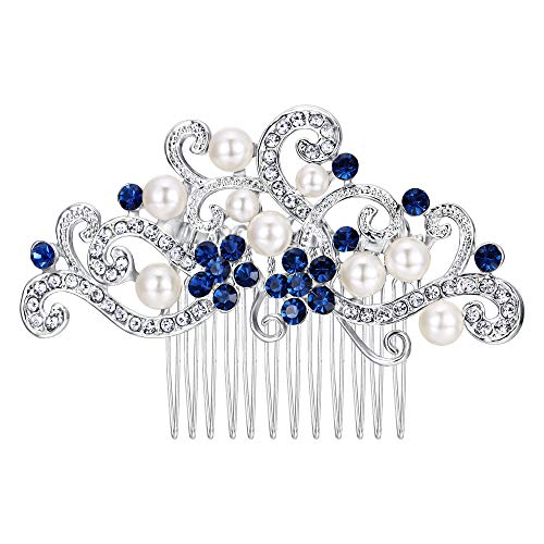 EVER FAITH Wedding Side Comb Accessories, Blue Austrian Crystal Cream Simulated Pearl Floral Vine Bridal Hair Piece for Women