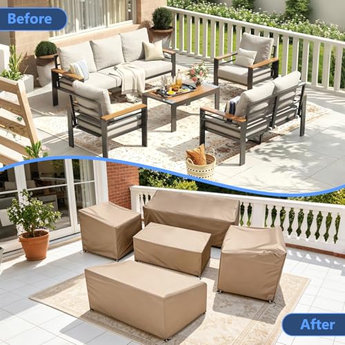 Image of STARTWO Patio Furniture Cover Set, 5 Piece Outdoor Furniture Cover Waterproof, 600D Heavy Duty Lawn Patio Set Covers (Brown,Large)