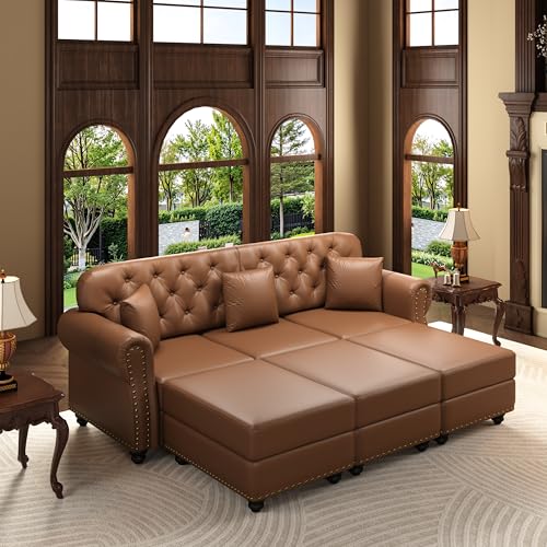 Image of KEIKI 83 inch Faux Leather Chesterfield Sofa with Rolled Arms & Nailhead Trim & 3 Ottoman, 3-Seater Button Tufted Couch with High Resilience Cushion & 3 Pillow, Easy Assembly, for Living Room, Brown