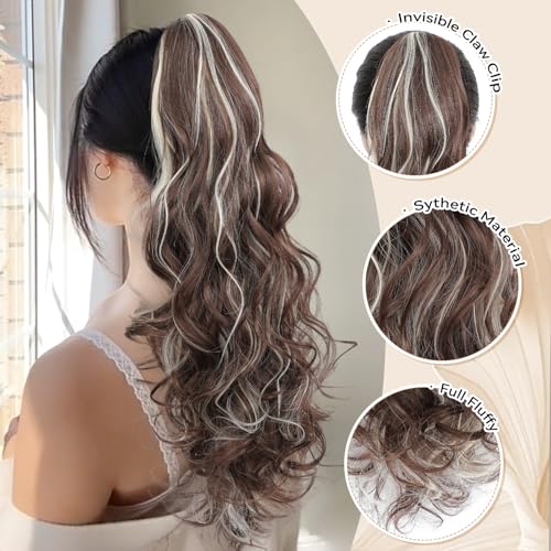 Image of 24 inch Ponytail Extension, Long Curly Wavy Claw Clip and Natural-Looking Synthetic Hairpiece, Voluminous Hair Extensions for Women Daily Wear. (Chestnut Brown With beige blonde Highlights, 24Inch)