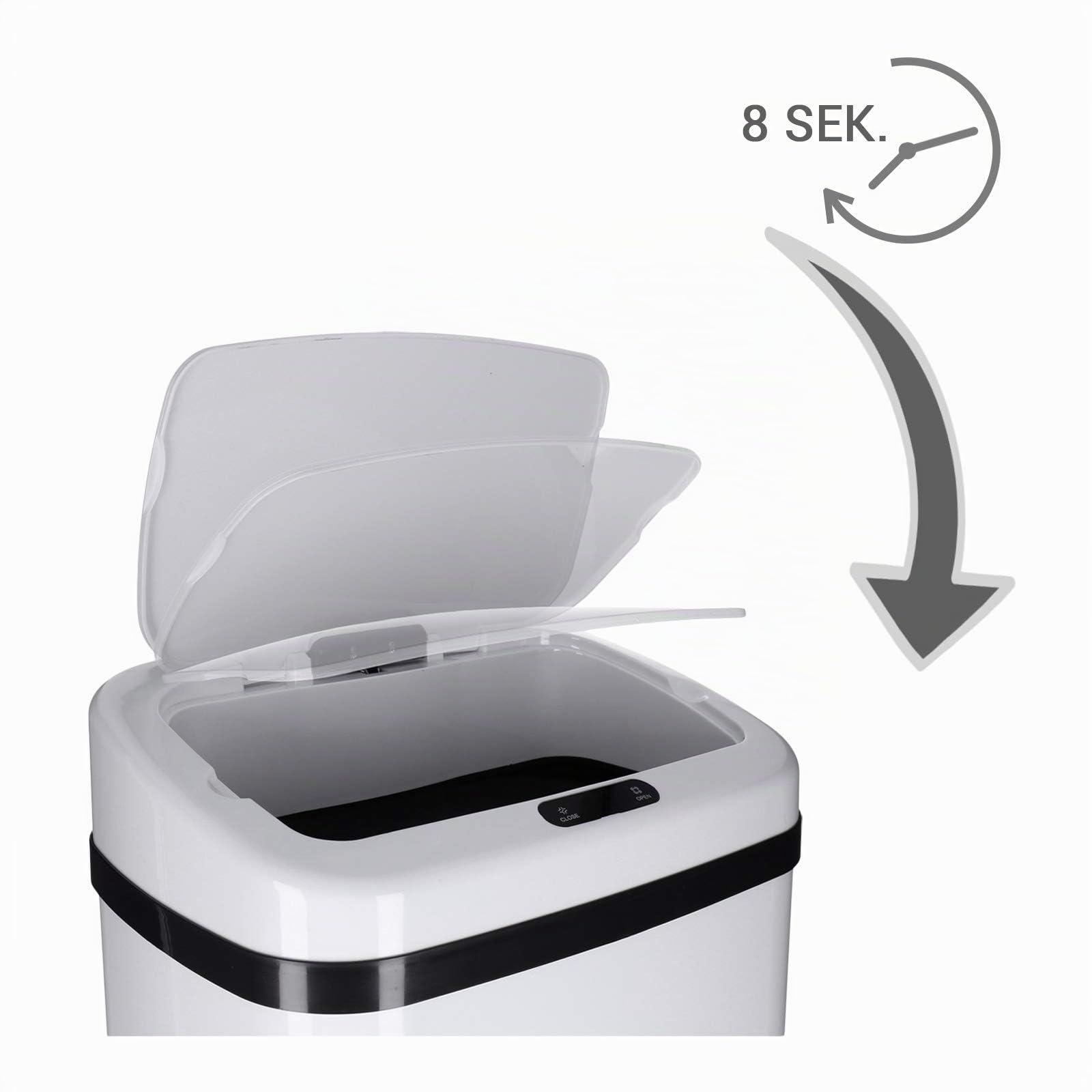 Cubo de basura cocina automático con sensor 30L, rectangular, Blanco, apertura/cierre automático, Acero inoxidable pintado, Anillo de Sujeción para Bolsas - Papelera automática, Modo Manual Disponible