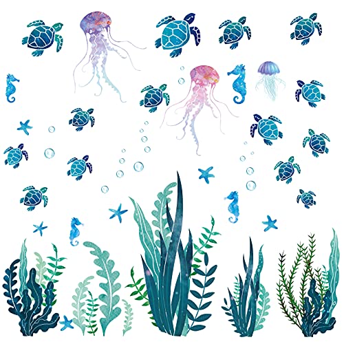 Image of Nuanchu 28 Pcs Under The Sea Wall Decals Glow in The Dark Sea Turtle Ocean Grass Seaweed Jellyfish Peel Stick Underwater Wall Decoration for Kids Bedroom Bathroom Toilet (Vivid Style)