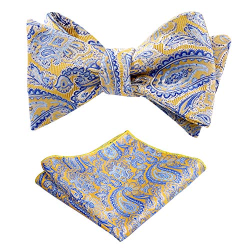 Alizeal Mens Paisley Self-tied Bow Tie and Hanky Set, Yellow
