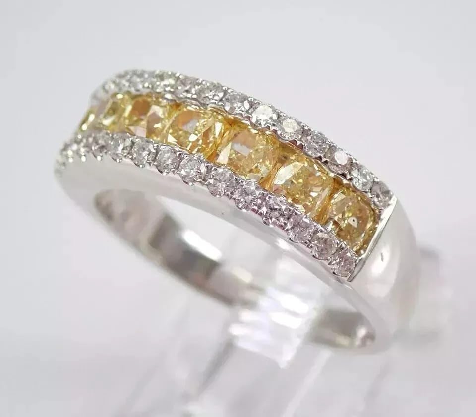 rkjewellry_store || 14k White Gold Finish 925 Sterling Silver 2.20Ct Cushion Cut Yellow Citrine Engagement Wedding Band Women's Ring4