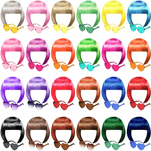 Chunyin 60 Pieces Party Wigs and Sunglasses Set, Neon Short Bob Wig Costume Cosplay Colorful Wig Hairpieces for Bachelorette Neon Party Favors, Halloween, Decorations (12 inch)