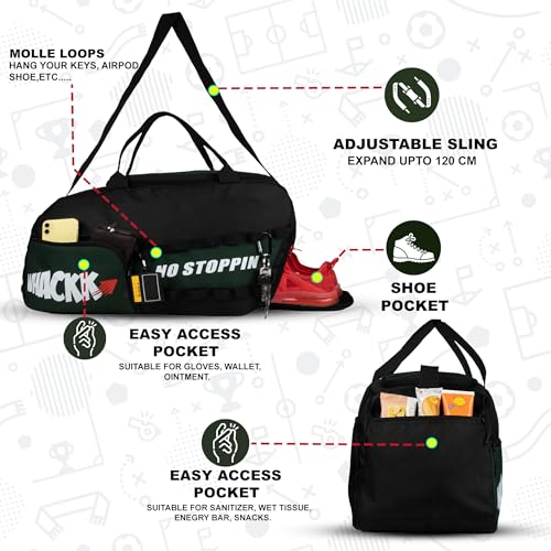 Image of Whackk Arnold 40L Gym & Sports Duffle Bag | Workout, Training & Travel Kitbag with Separate Shoe & Wet-Dry Pocket | Unisex | Lightweight | Made in India (Green Black)