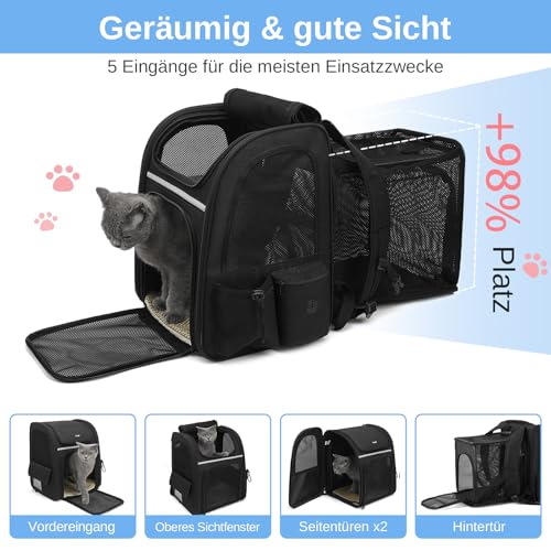 Dogat Erweiterbar Katzenrucksack mit Netzfenster, Tragbare und Faltbare Haustier Rucksack mit Innerer Sicherheitsleine und Haustierunterlage für Katzen Hunde bis 17 lbs (8 kg) Wandern, Walken(Schwarz)