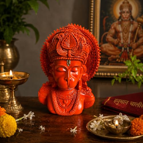 Image of eCraftIndia Lord Hanuman Ji Idol for Home Decor | Orange Hanuman Bust Statue with Intricate Detailing | Spiritual Decorative Showpiece for Temple, Living Room & Gifting