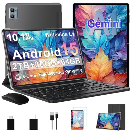 Image of Tablet 2026 Android 15 Tablets with 2.0GHz Octa-Core, 30GB 64GB 2TB Expand, 10 inch Tablet with Keyboard, FHD IPS Display, Gemini AI, 8MP Camera, WiFi 6, 6000mAh, Widevine L1, BT 5.0 -Black