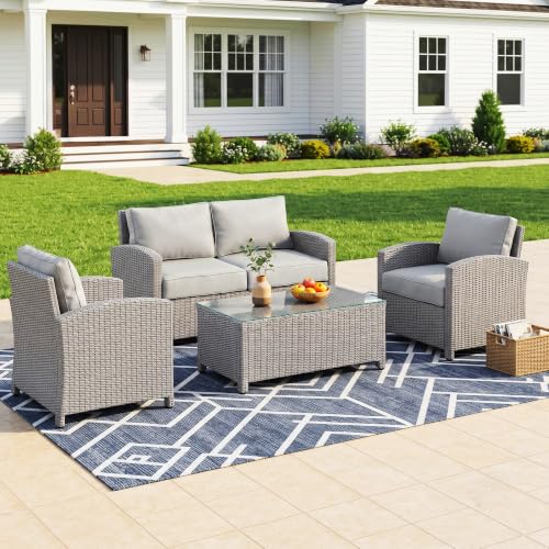 Image of DEVOKO 4PCS Patio Wicker Furniture Set Center Table Silver Grey Rattan Chairs and Grey Cushions Outdoor Furniture for Backyard, Garden, Blacony