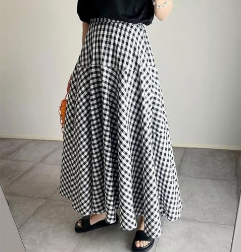 chouyatou Women's Retro Plaid A Line Midi Skirt Gingham High Elastic Waisted Pleated Swing Long Skirt2