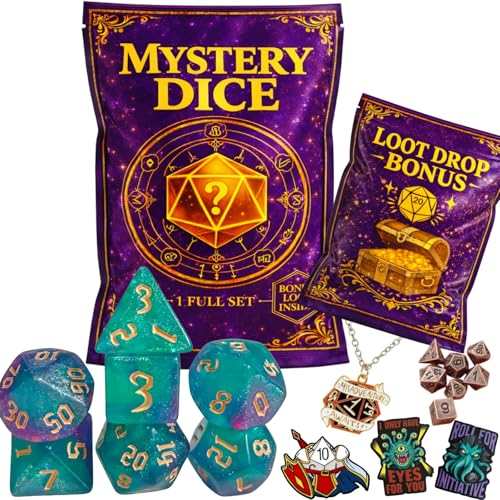 DND Mystery Dice Set, 7 Polyhedral RPG Dice + Random Loot Bag Reward, Gift for RPG Player, DM & Dice Goblin,Tabletop Games (1-Pack)