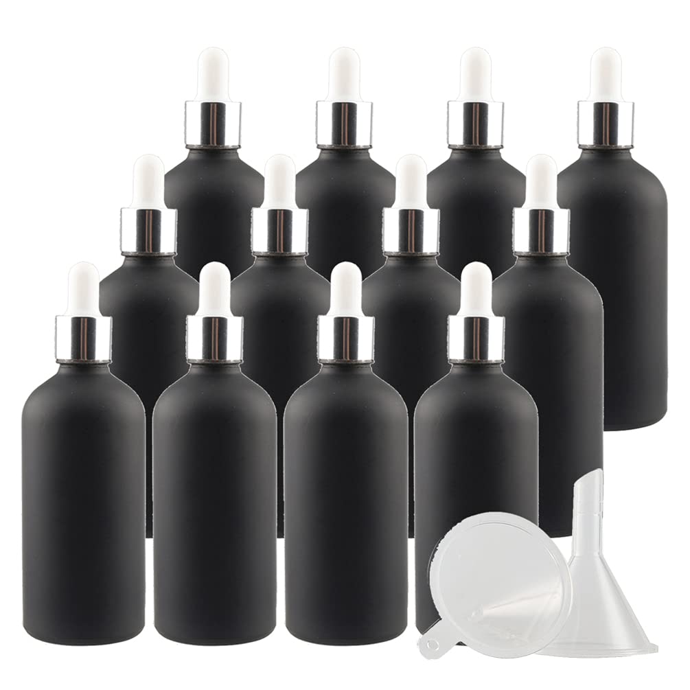 12 Stück 100 ml Leere Matt Schwarz glasflasche Tropfflasche Pipettenflaschen mit Glaspipette, 100ml Glasflasche mit Tropfpipette mit Silber Schraubverschluss für ätherische Öle, Parfüm Öle