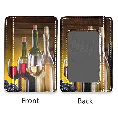 Oyihfvs Still Life with Wine Bottles, Glasses Oak Barrels Retro Style Slim Minimalist Wallet, Front Pocket RFID Leather Blocking Card Holder Case for Men Women Girls Ladies, Stylish Printing Gift2