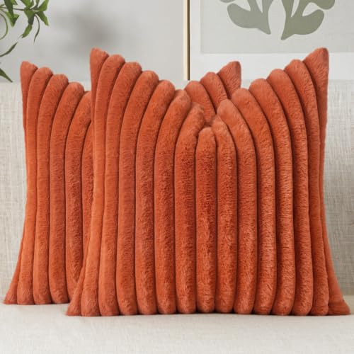 Image of MIULEE Faux Fur Decorative Throw Pillow Covers 20x20 Set of 2 Burnt Orange | Vintage Boho Fall Home Decor Soft Plush Couch Pillows Cozy Fluffy Cushion Covers for Sofa Bed Living Room