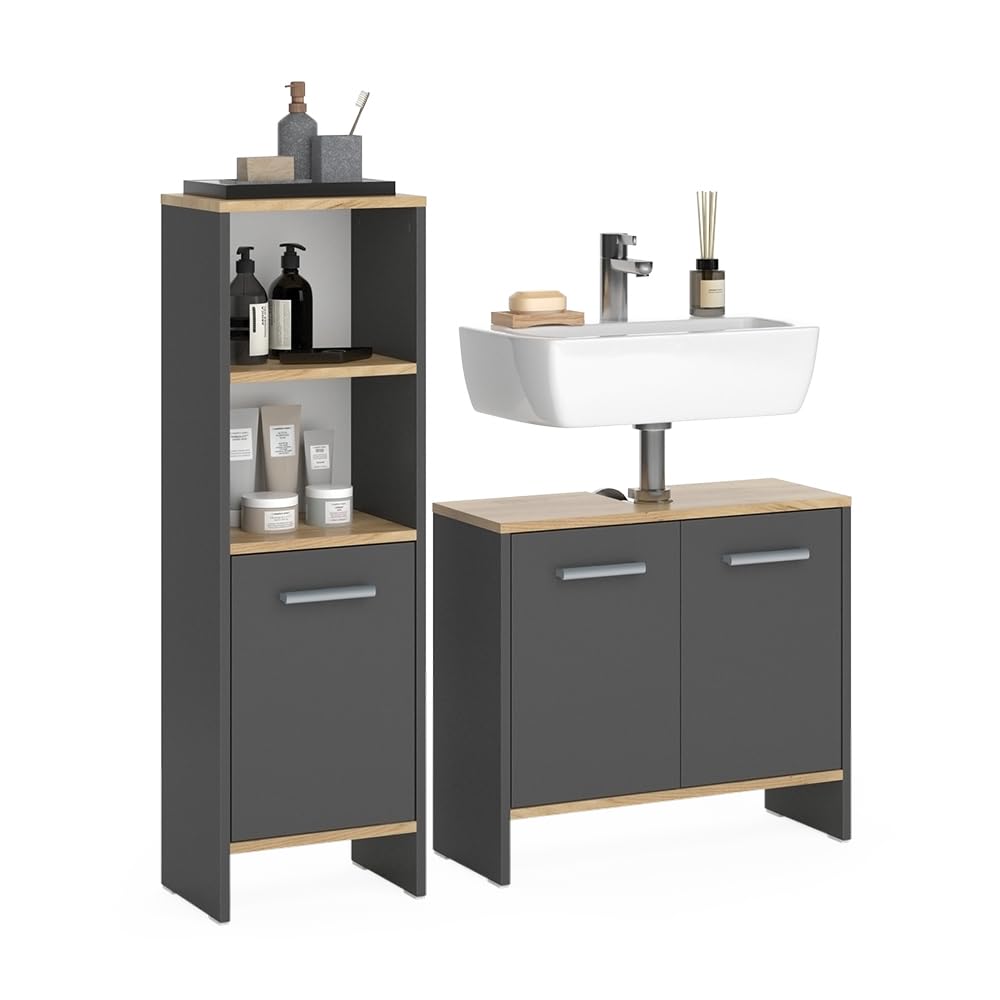 Vicco Conjunto de Muebles de baño Karli, Antracita/Roble Dorado, 63.8 cm, Compuesto por Mueble bajo para Lavabo y Columna de baño