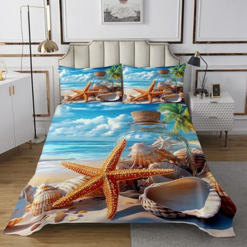 Summer Beach Kids Bedspread Queen Size,Starfish Sea Shell Ocean Marine Life Coverlet Set,Boys Girls Room Decor,Hawaii Coconut Palm Tree Quilted Coverlet,Blue Beige Bedding Quilt,2 Pillowcases