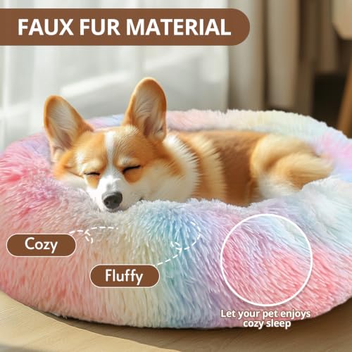 Image of JOLLYVOGUE Calming Dog Beds Extra Large Sized Dog, 45in Donut Washable Large Pet Bed, Anti-Slip & Anti-Anxiety Fluffy Faux Fur Round Dogs Bed, Fits up to 125 lbs Pets (Rainbow)