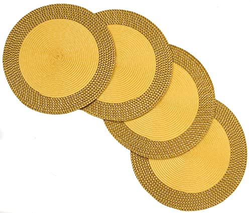 Rome Woven Braided Stitch Edge Table Placemats 15 Inches Round Set of 4 Non-Slip Dining & Kitchen Table Mats (Yellow)