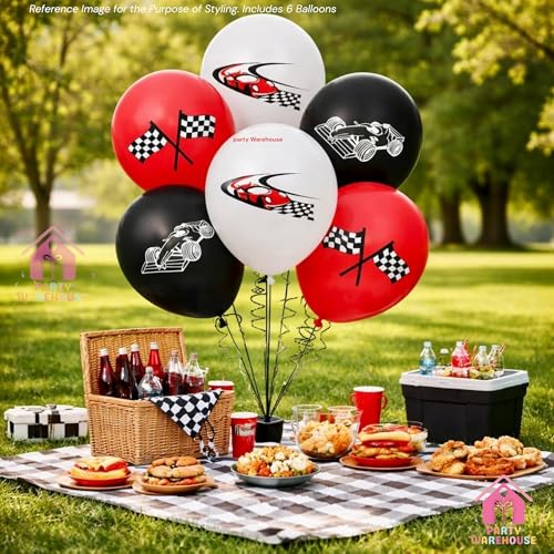 Image of Party Warehouse Racing Car Balloon Set for Birthday - 5Pcs | Race Theme Foil Balloons for Race Lovers | Tyre & Checkered Flag Balloons for Kids /Adults Party Decorations | Red, Black & White