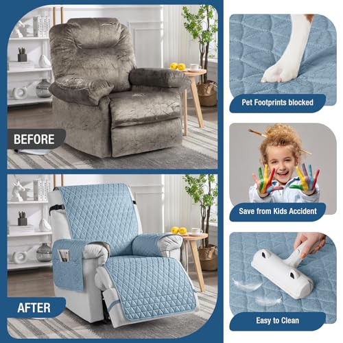 Image of TAOCOCO 100% Waterproof Recliner Chair Covers, Non Slip Recliner Covers that Stay in Place, One-Piece Washable Reclining Chair Cover with Elastic Straps, Light Blue, Fits 28 inch Seat Width