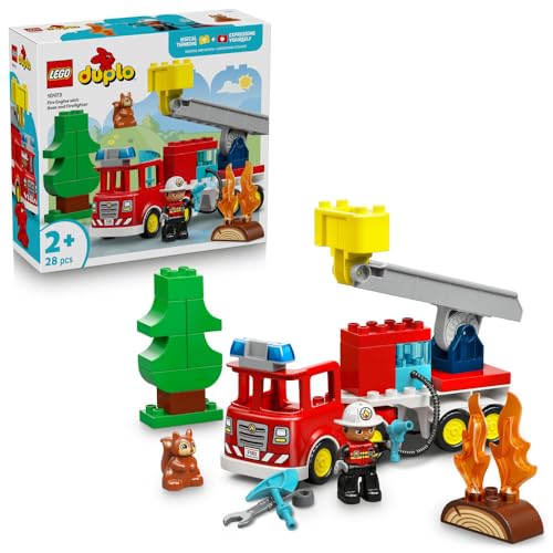 LEGO DUPLO Fire Engine with Hose and Firefighter - Educational Motor Skills Toy - Red Truck w/a Ladder Figure and a Squirrel - Birthday Gift for 2+ Year Old Boys & Girls - 10473