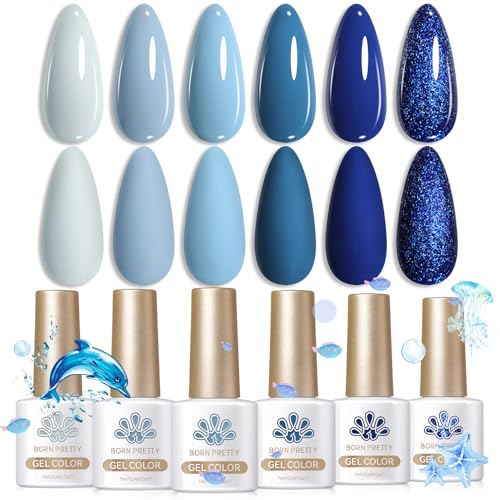 BORN PRETTY Blue Gel Polish Set - Royal Sky Navy Ocean Blue Glitter Gel Nail Polish 6 Colors Soak-Off U V/LED Colours for Nail Art Salon DIY Home
