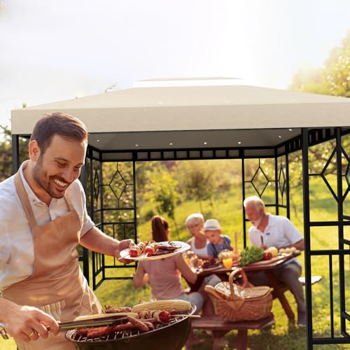 10’x12’ Gazebo Canopy Replacement, Outdoor Double-Tier Gazebo Cover with Air Vent, Heavy Duty Canopy Top Gazebo Roof, Beige