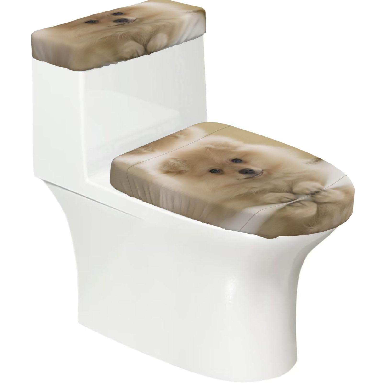Cute Pomeranian Dog 2-Piece Toilet Seat Cover Set with Tank Lid, Elastic Fit for U-Shape & Elongated Toilets, Bathroom Decor, Housewarming Gift