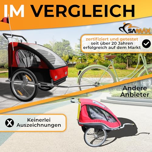 SAMAX Fahrradanhänger Jogger 2in1 Kinderanhänger Kinderfahrradanhänger Transportwagen vollgefederte Hinterachse für 2 Kinder in Rot/Schwarz - Silver Frame