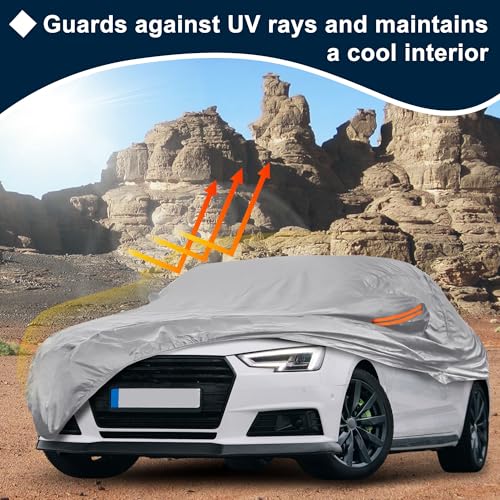 Image of Silver Tone Heavy Duty Waterproof Car Cover for Sedan 185 inch-191 inch - All-Weather UV Protected Outdoor Full Exterior Cover with Sun /Snow /Rain Resistance
