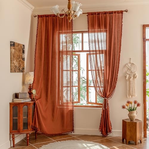 Image of MYSKY HOME Semi Sheer Short Macrame Curtains for Window Treatment,Bohemian Country Home Decor Light Filtering Privacy Protect Back Tab Drapes,50 inch Wx63 inch L, Terracotta, 2 Pieces