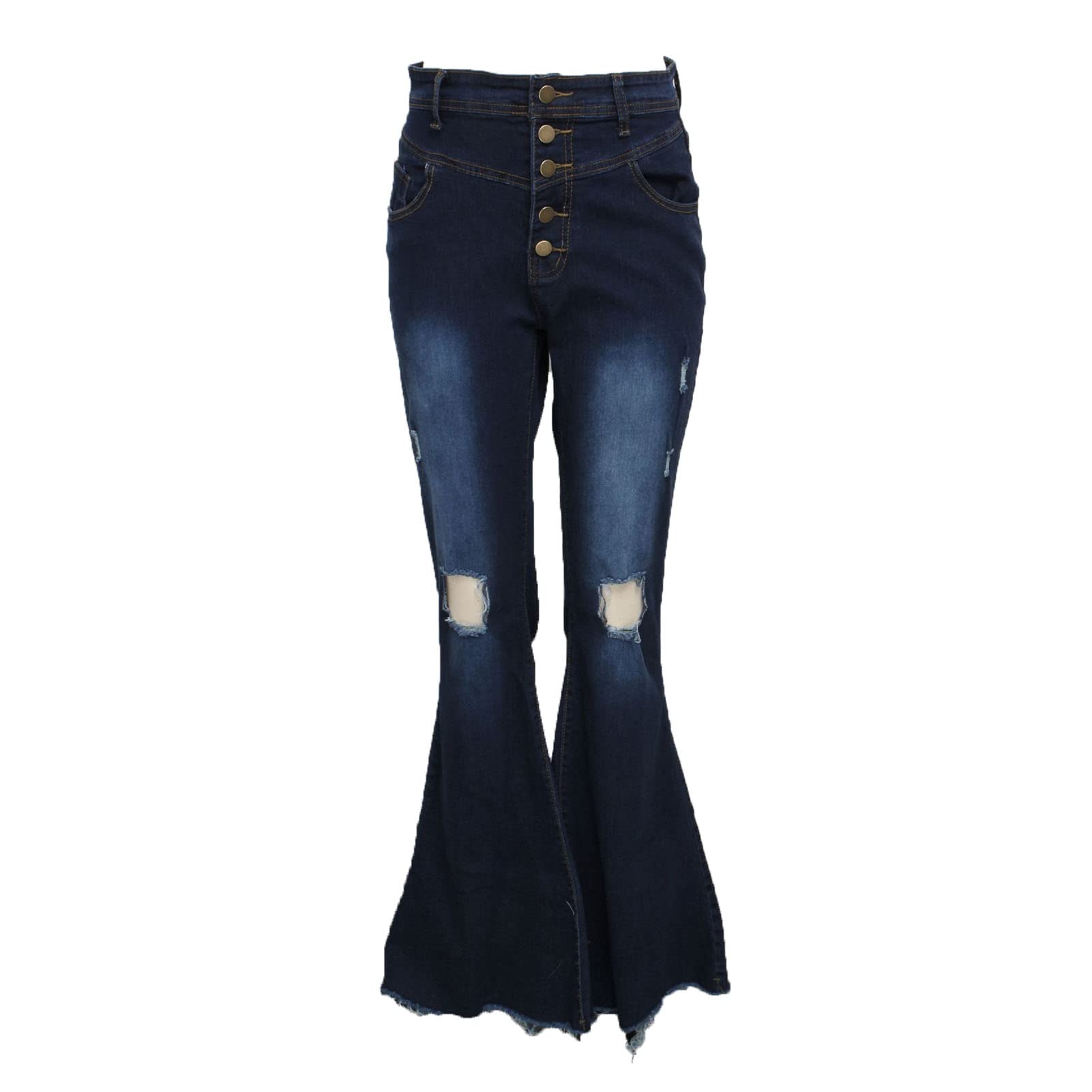 Women 5 Button Bell Bottom Jeans Classic Destroyed Raw Hem Denim Pants Ripped Distressed High Waisted Flared Jean (Dark Blue,3X-Large)